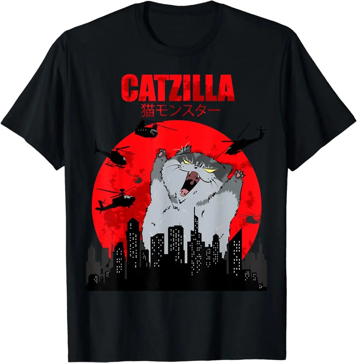 Funny Cute Art Japanese Cat Graphic for Cat Lover Catzilla T-Shirt Graphic T Shirts Women's Clothing Fashion