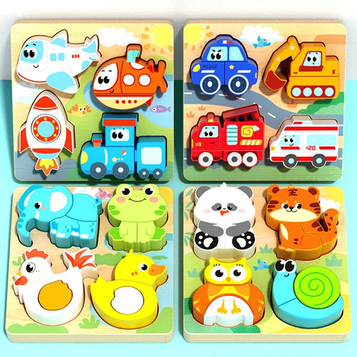 4-in-1 Wooden 3D Cartoon Animal Puzzle | Educational Toy for Kids